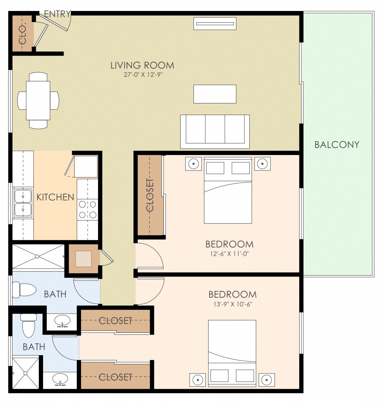 Floor plan for 2 beds, 2 baths, 948 sqft